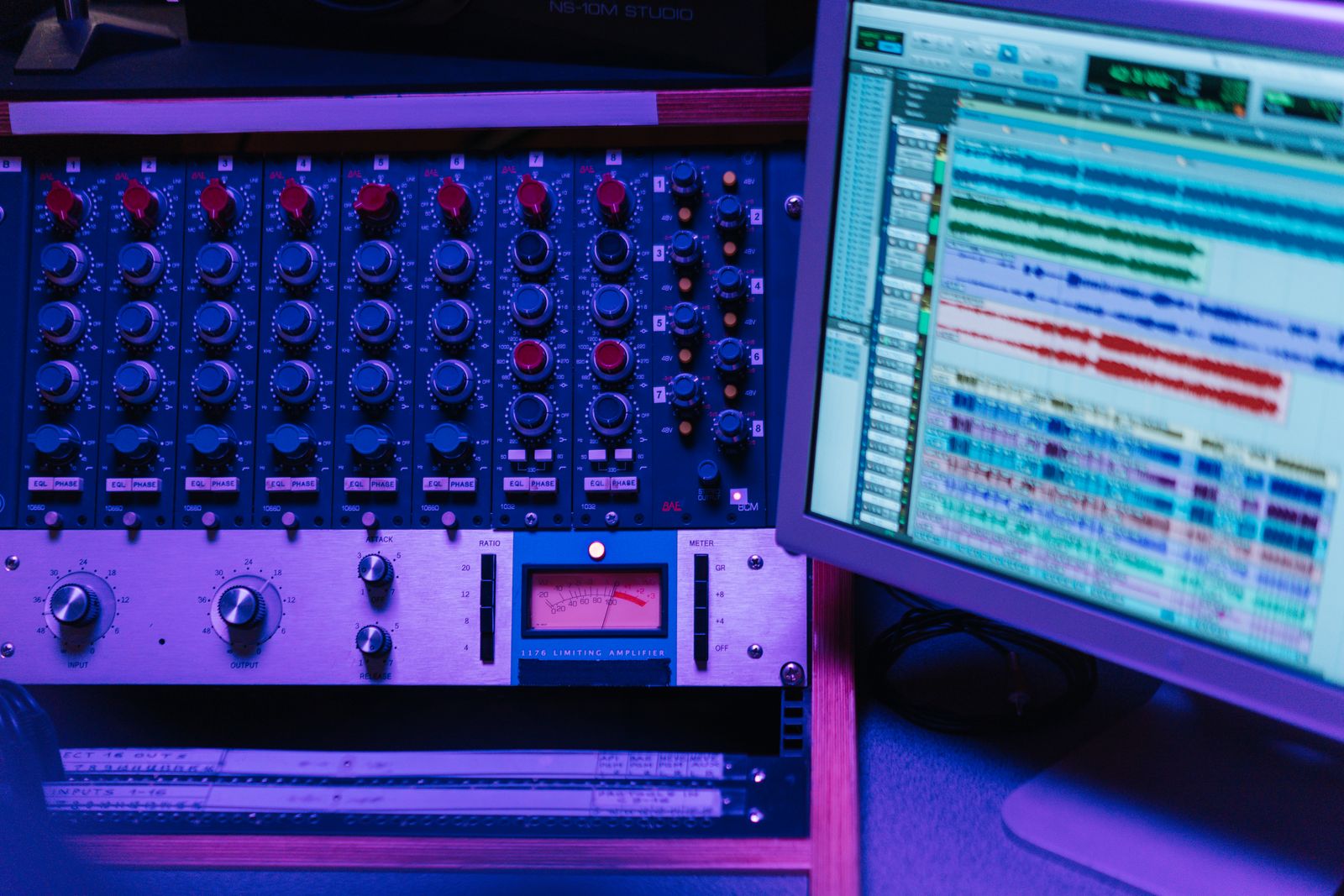 Mixing equipment and an audio editing screen for music production